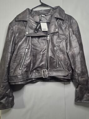 H&M Divided Womens Medium Metallic Gray Vegan Faux Leather Moto Jacket NWT 136